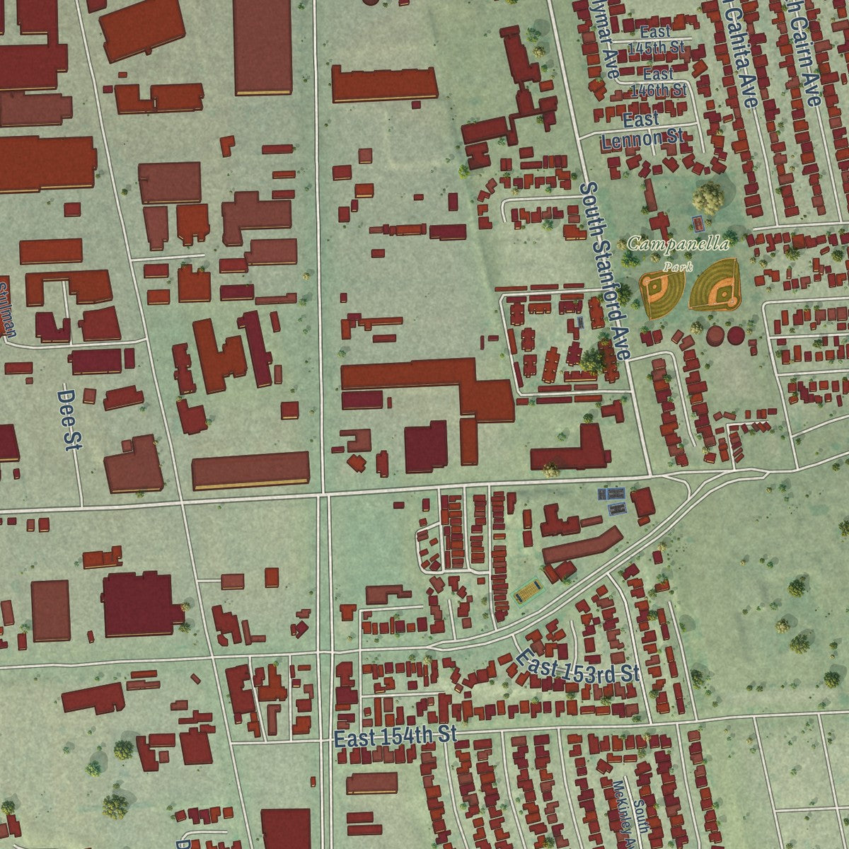 Second close-up of the map of West Rancho Dominguez, California print showing more streets and buildings