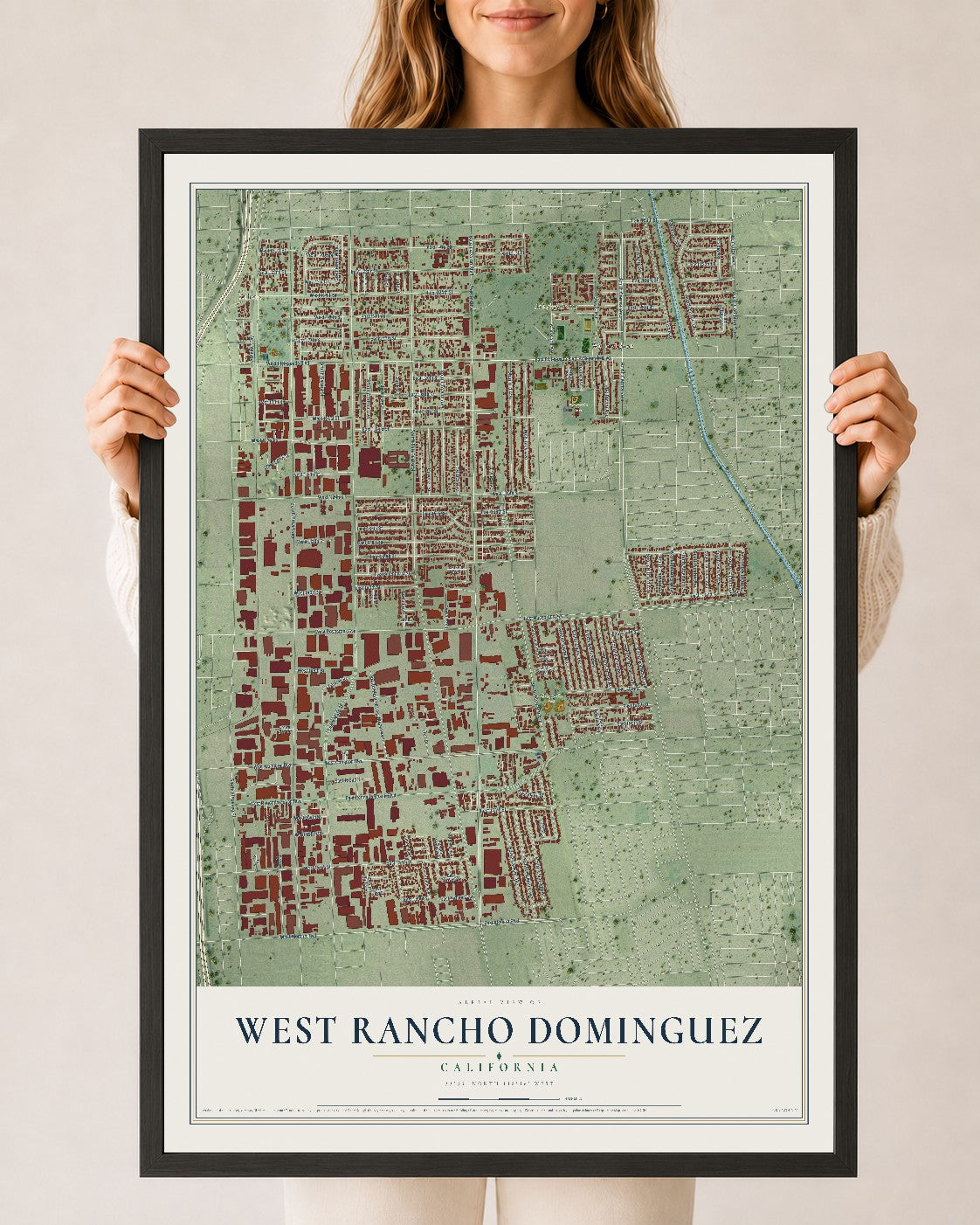 Map of West Rancho Dominguez, California, 24 x 36 inch print in a black wood frame