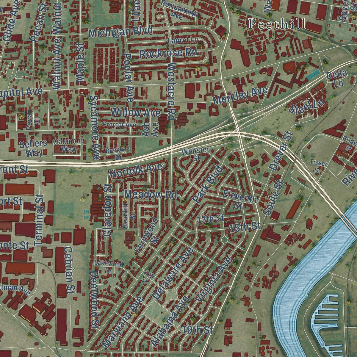 Close-up of the map of West Sacramento, California print showing street and building detail