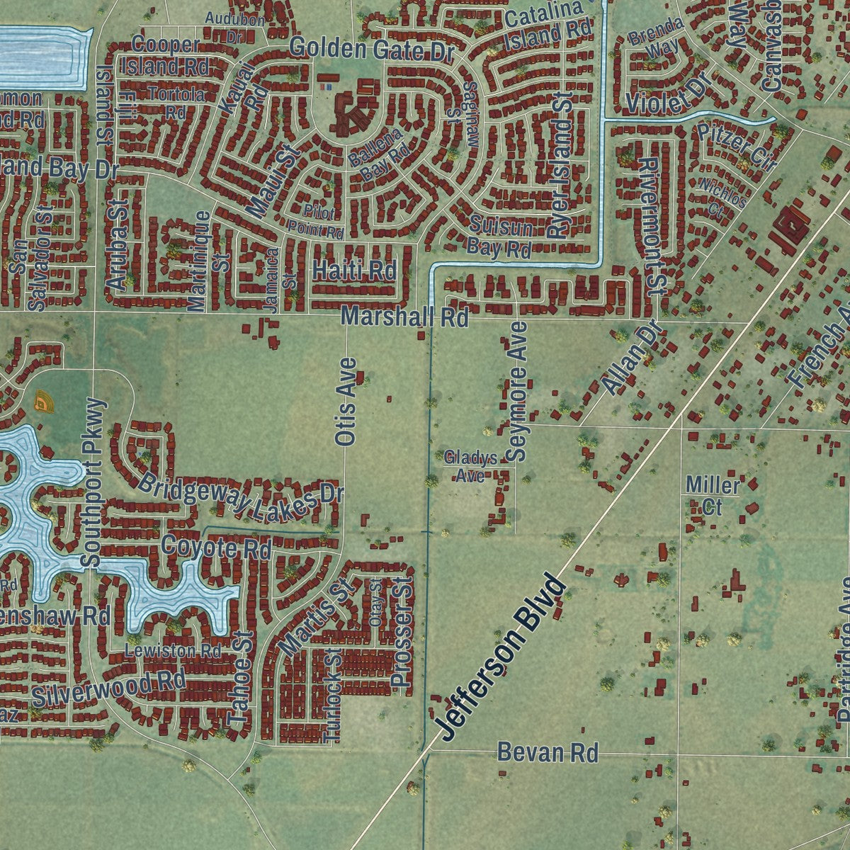 Second close-up of the map of West Sacramento, California print showing more streets and buildings