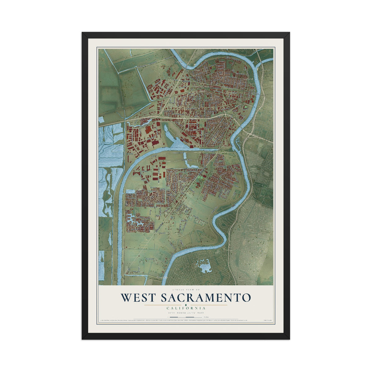 Map of West Sacramento, California, 12 x 18 inch print in a black wood frame