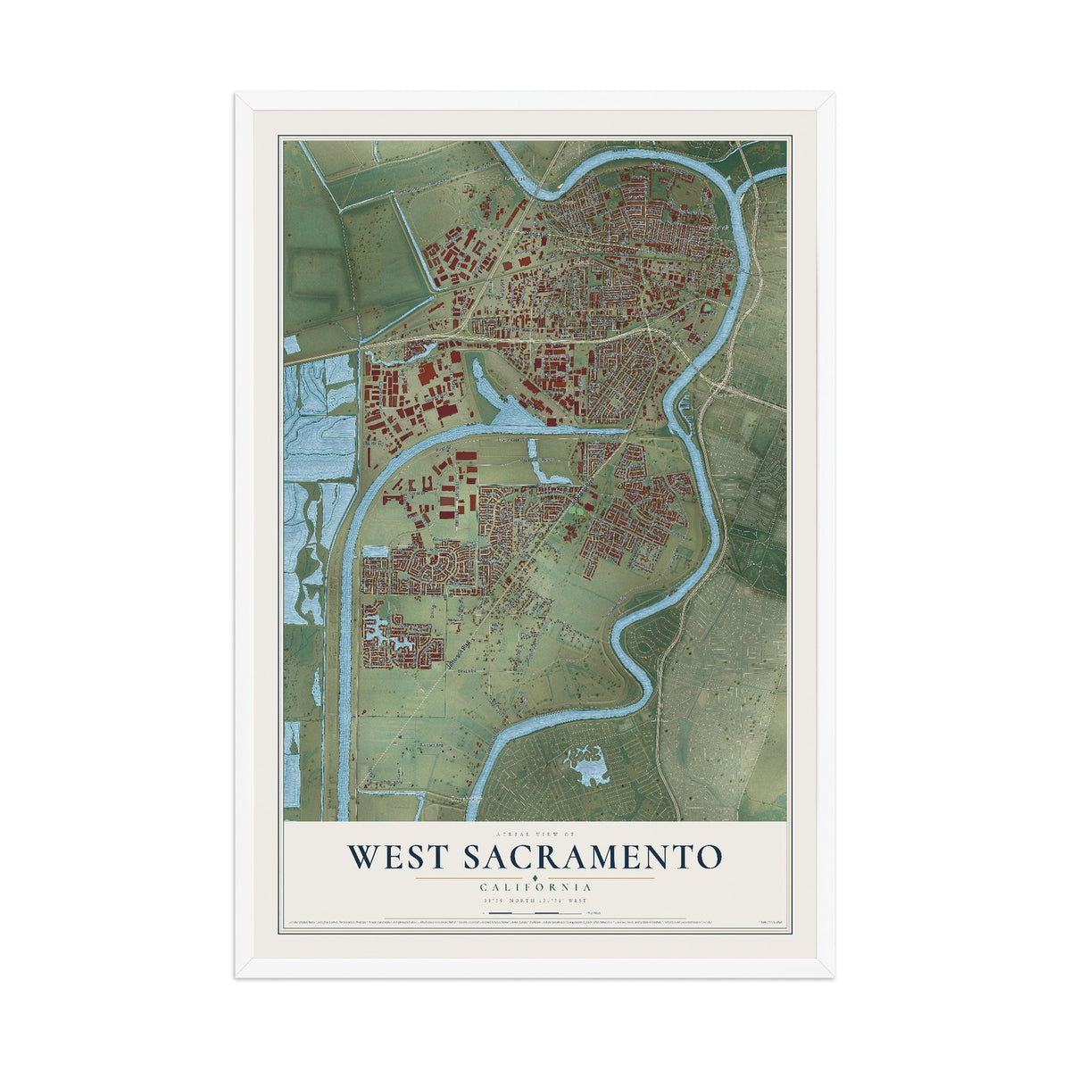Map of West Sacramento, California, 12 x 18 inch print in a white wood frame