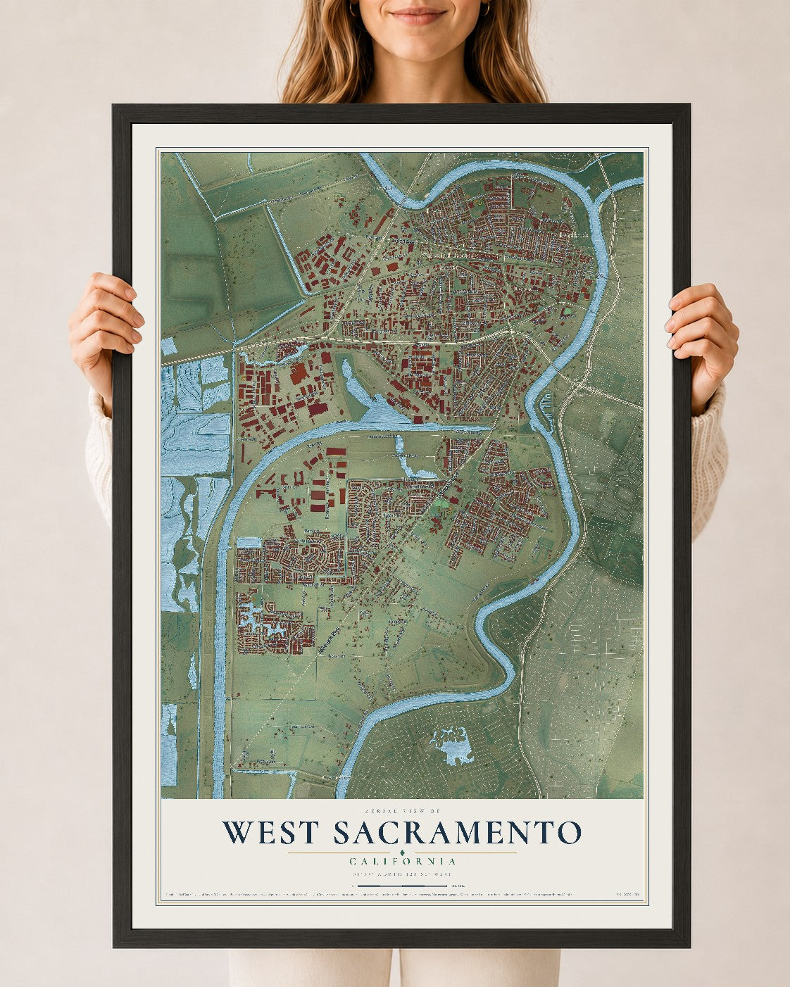 Map of West Sacramento, California, 24 x 36 inch print in a black wood frame