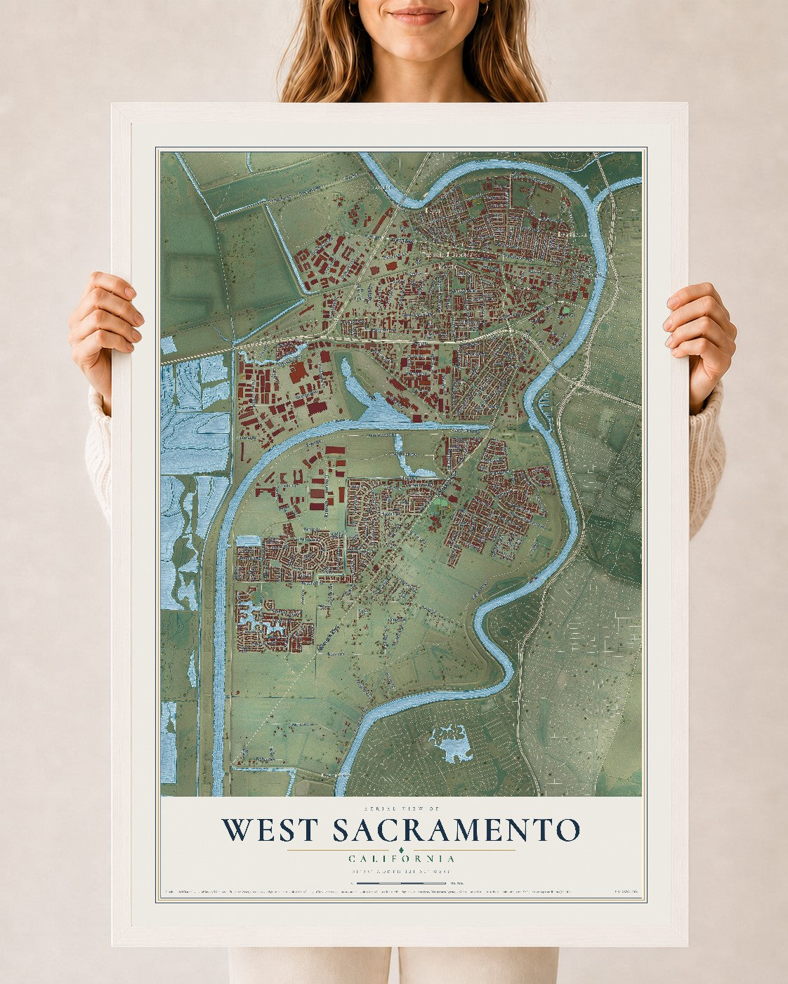 Map of West Sacramento, California, 24 x 36 inch print in a white wood frame