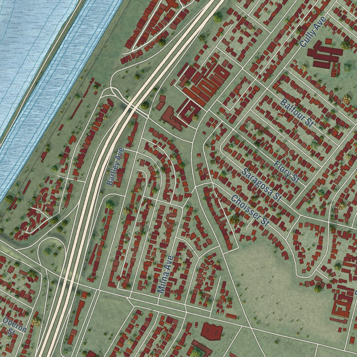 Second close-up of the map of West Whittier-Los Nietos, California print showing more streets and buildings