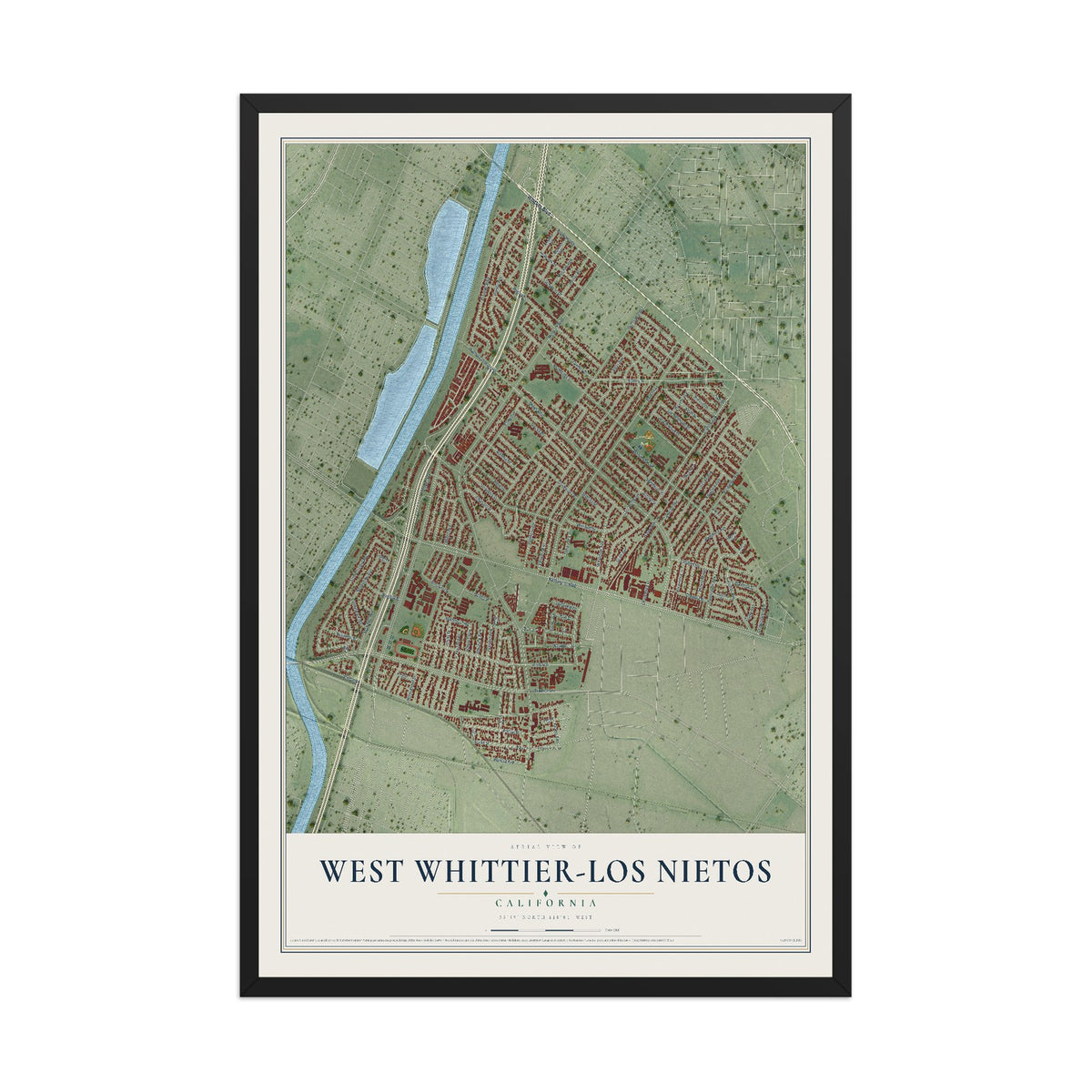 Map of West Whittier-Los Nietos, California, 12 x 18 inch print in a black wood frame