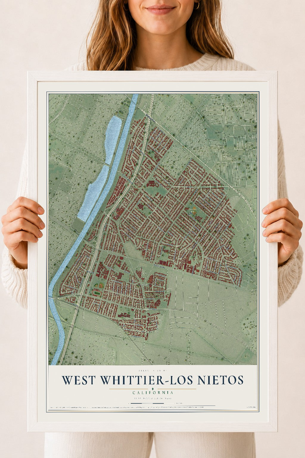 Map of West Whittier-Los Nietos, California, 18 x 24 inch print in a white wood frame