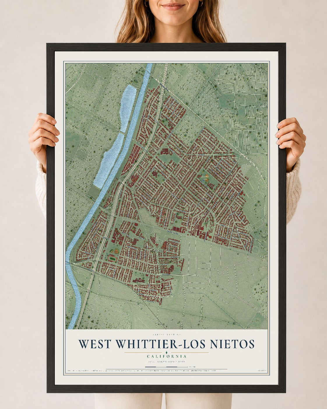 Map of West Whittier-Los Nietos, California, 24 x 36 inch print in a black wood frame