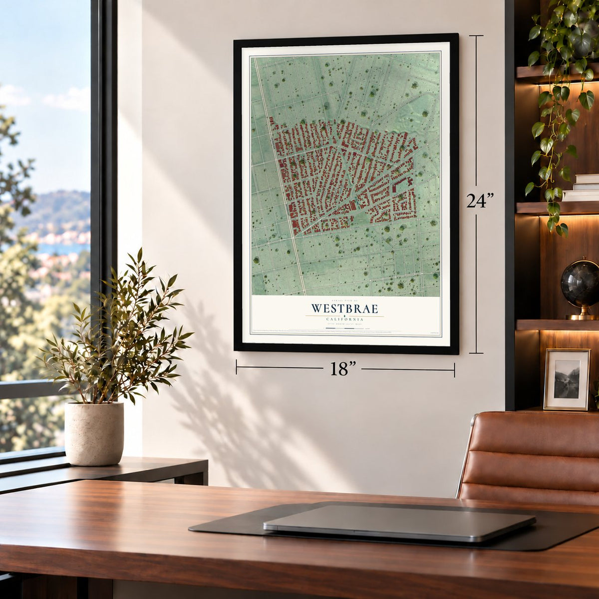 Westbrae, California map, 18 x 24 inch print in a black frame in a home office