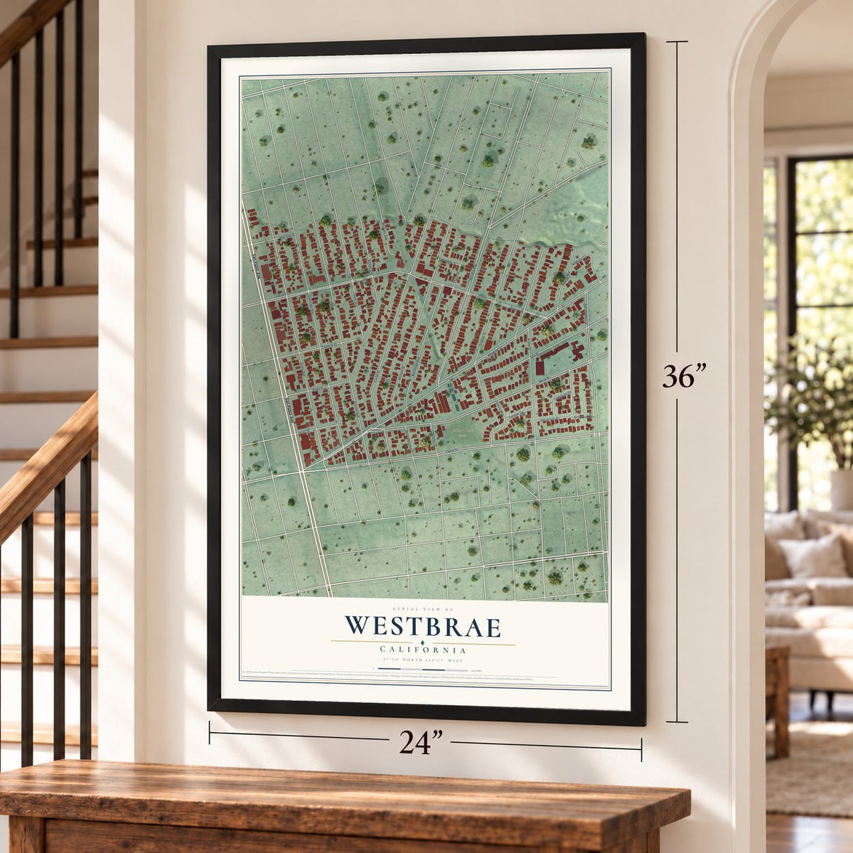 Westbrae, California map, 24 x 36 inch print in a black frame by a staircase