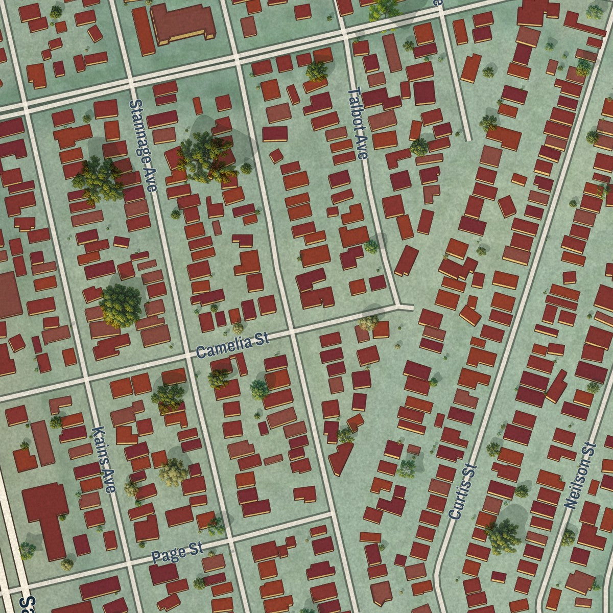 Close-up of the map of Westbrae, California print showing street and building detail