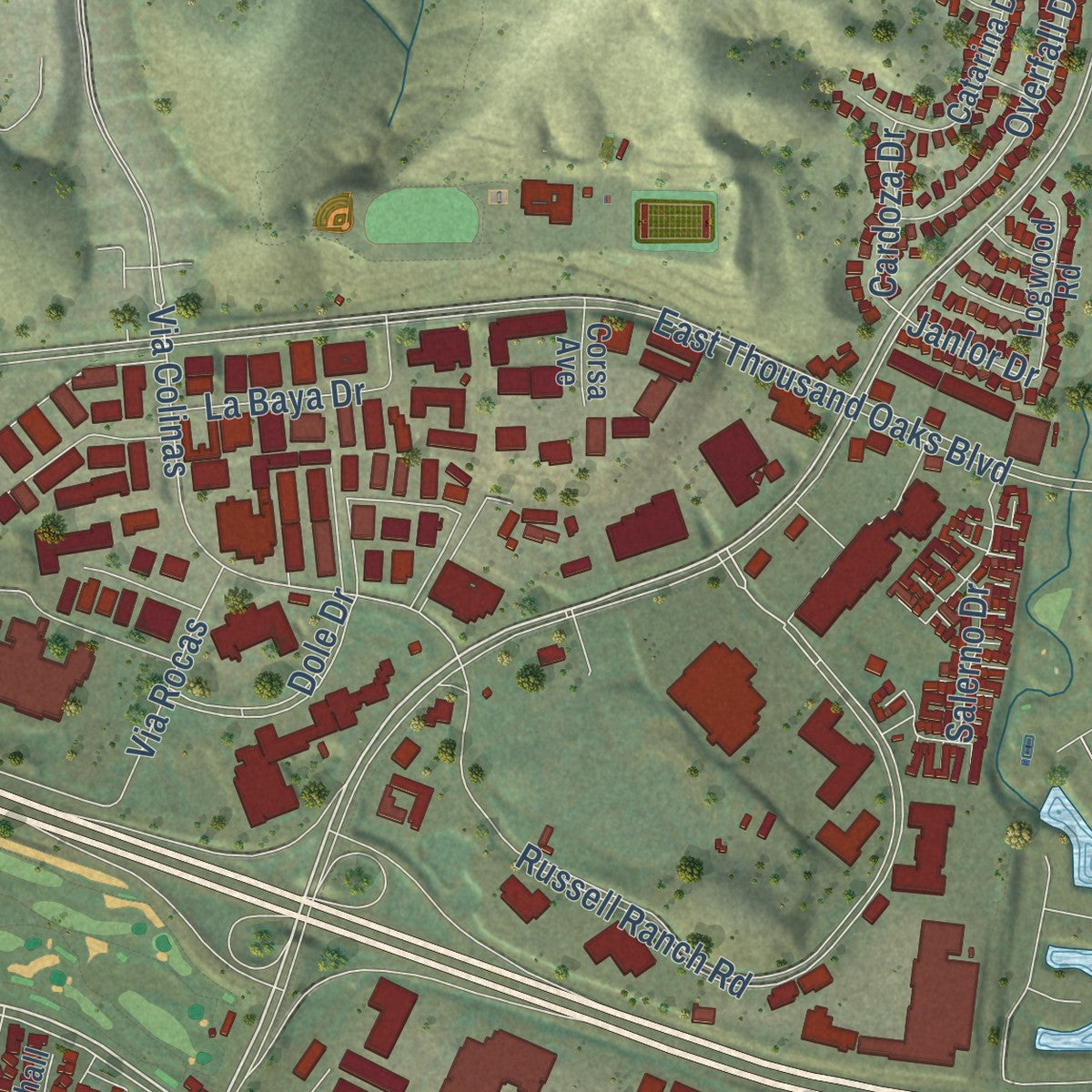 Second close-up of the map of Westlake Village, California print showing more streets and buildings