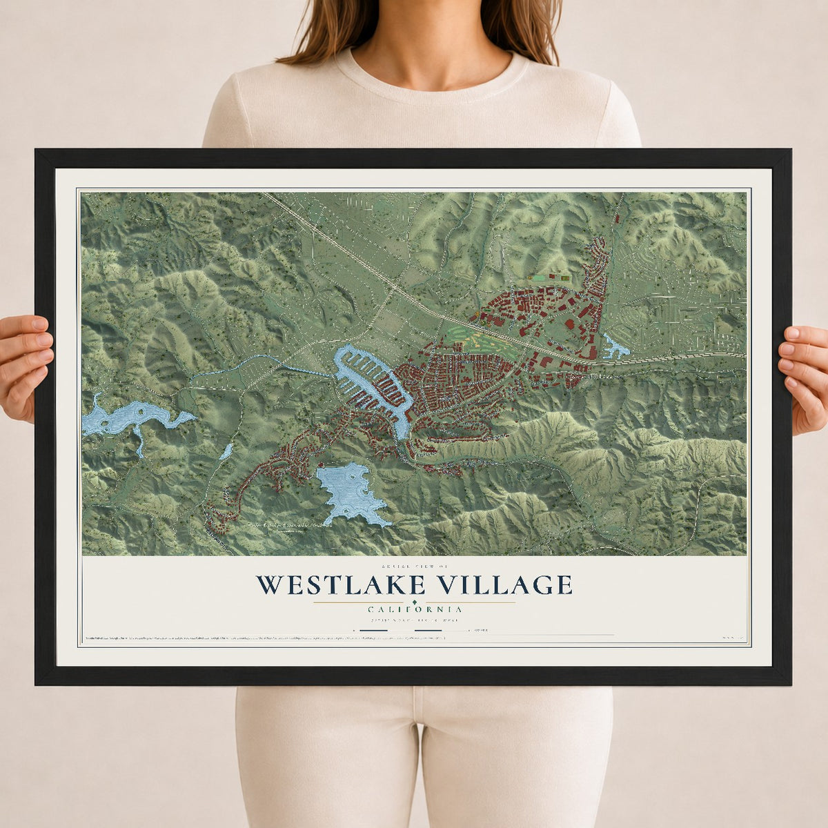 Map of Westlake Village, California, 18 x 24 inch print in a black wood frame