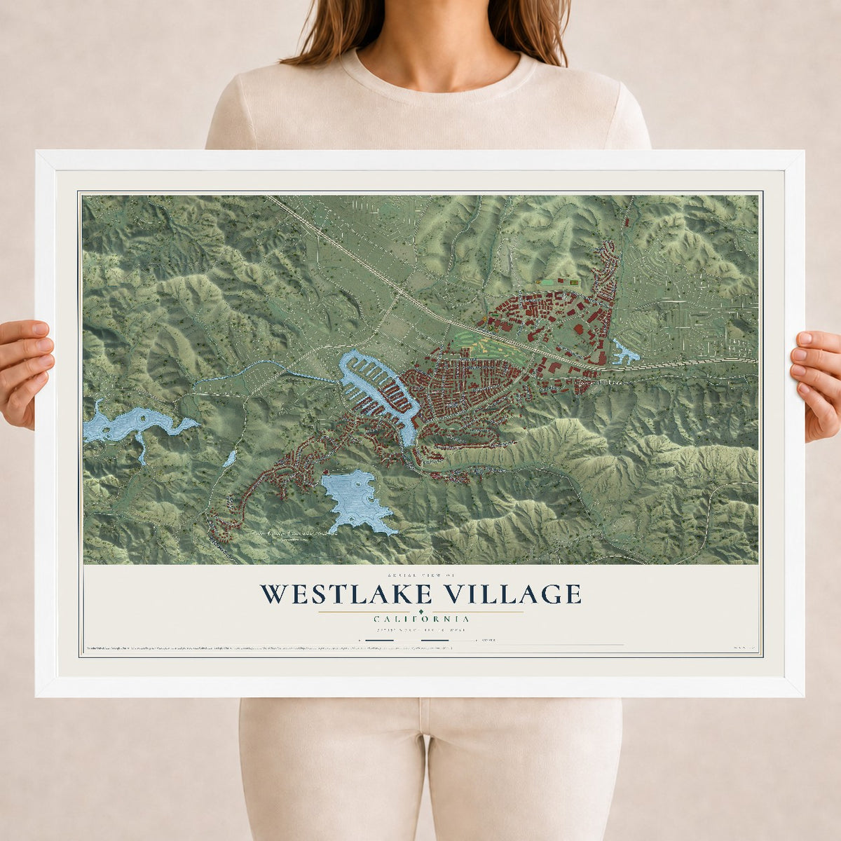 Map of Westlake Village, California, 18 x 24 inch print in a white wood frame