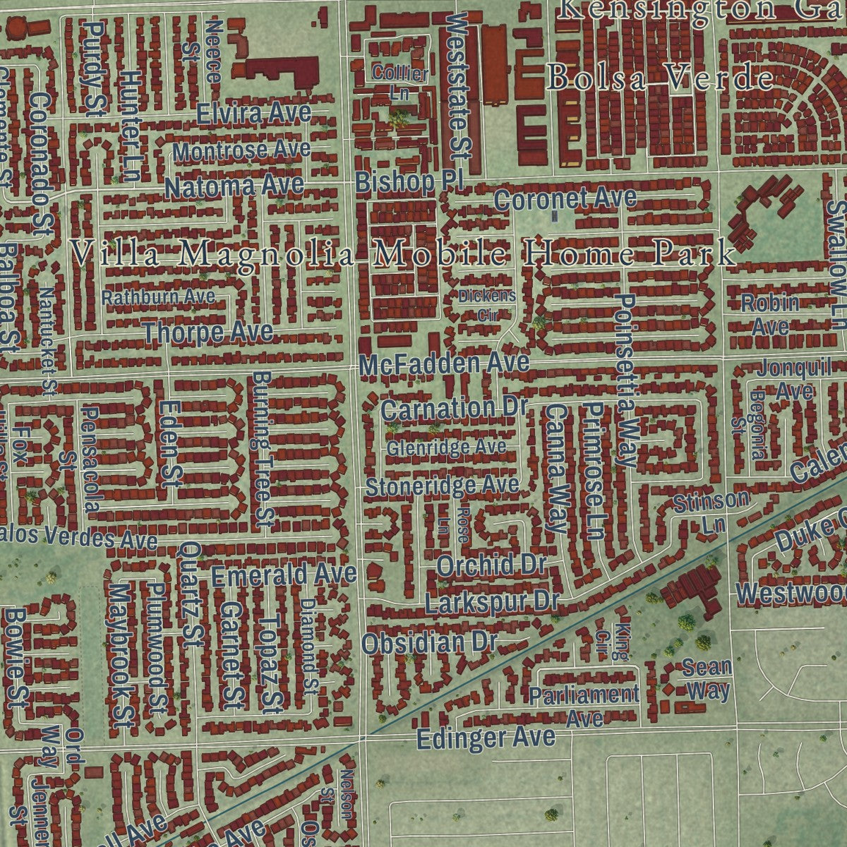 Close-up of the map of Westminster, California print showing street and building detail