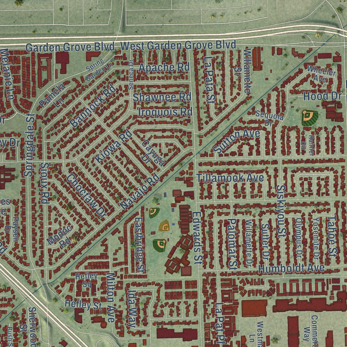 Second close-up of the map of Westminster, California print showing more streets and buildings