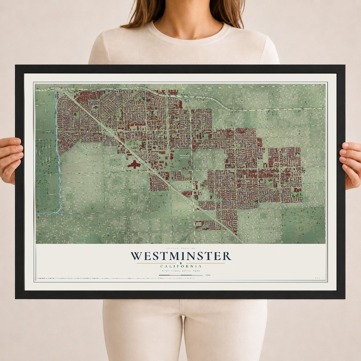 Map of Westminster, California, 18 x 24 inch print in a black wood frame