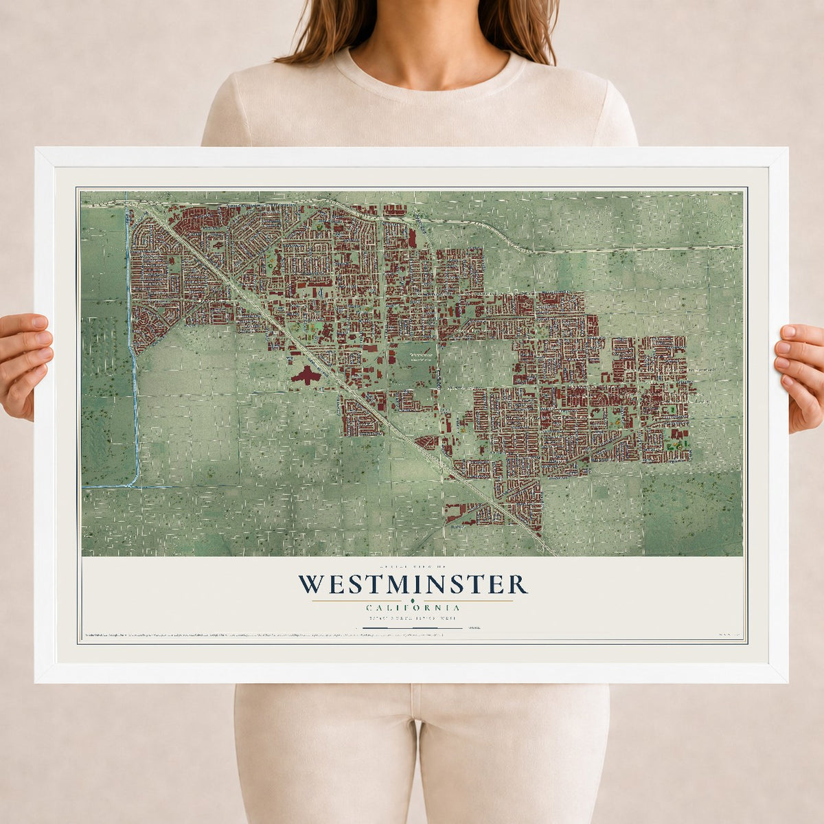 Map of Westminster, California, 18 x 24 inch print in a white wood frame