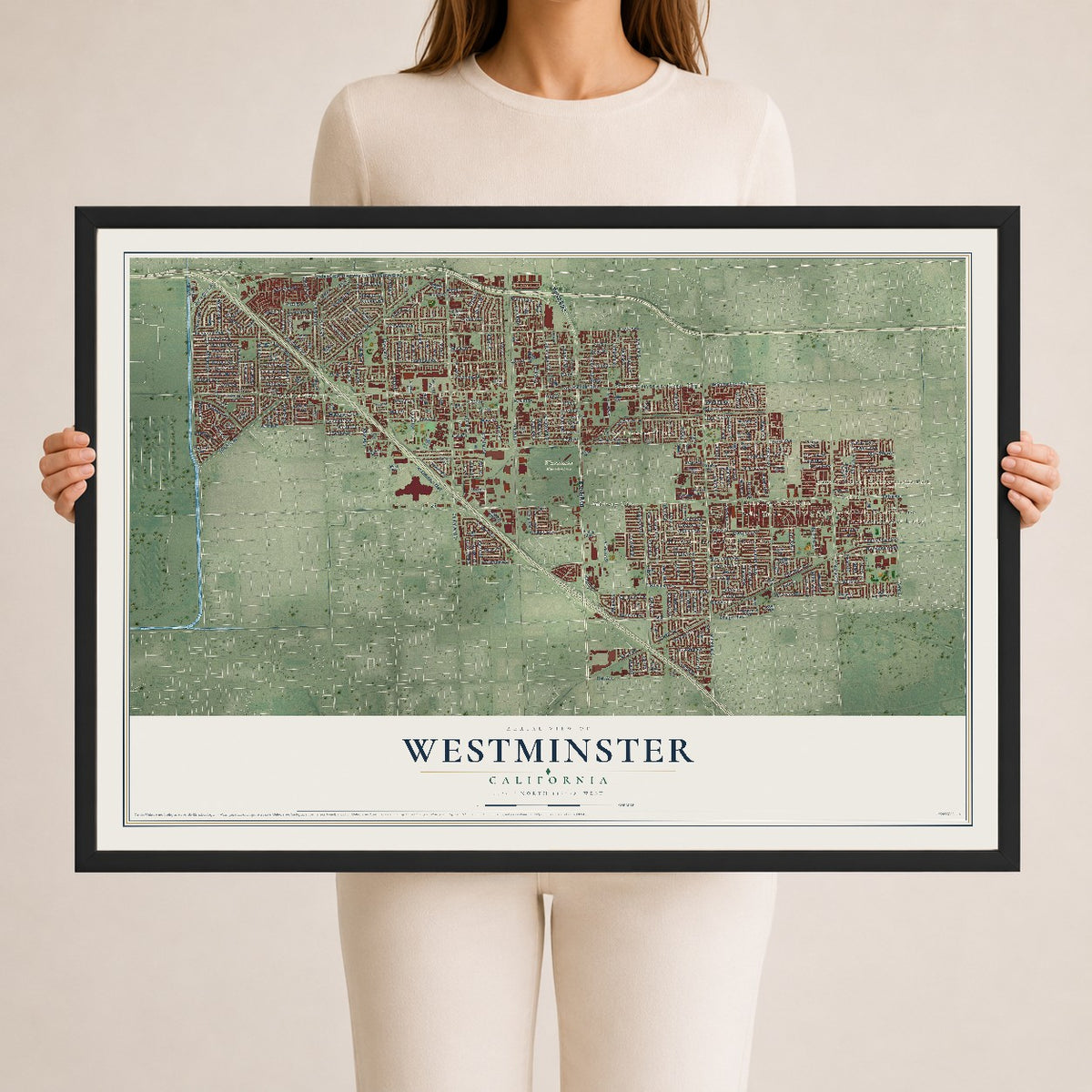 Map of Westminster, California, 24 x 36 inch print in a black wood frame