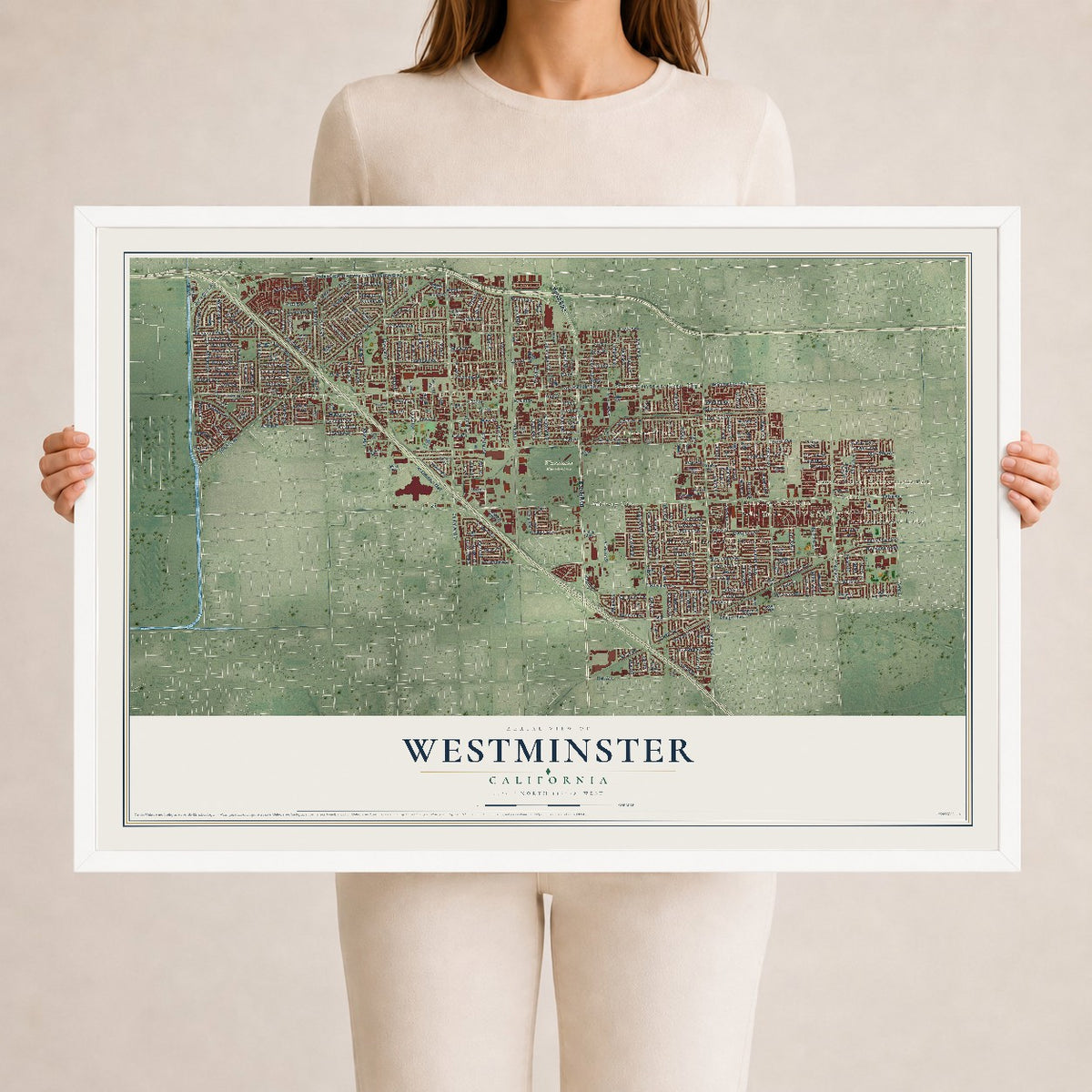 Map of Westminster, California, 24 x 36 inch print in a white wood frame