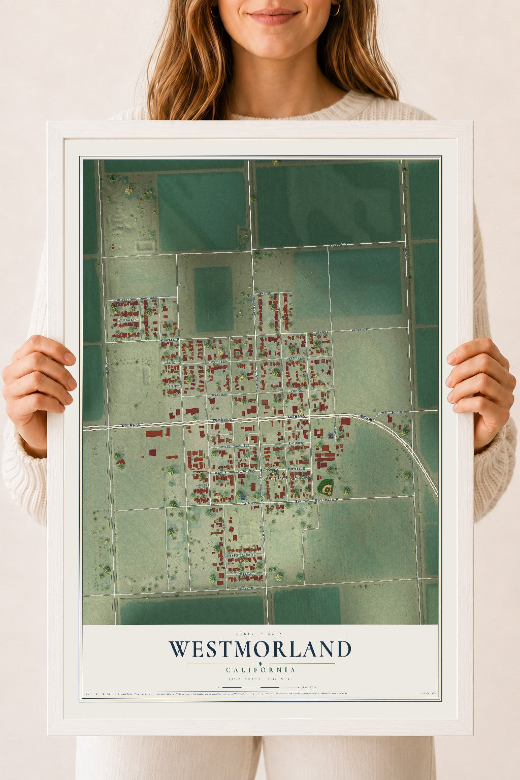 Map of Westmorland, California, 18 x 24 inch print in a white wood frame