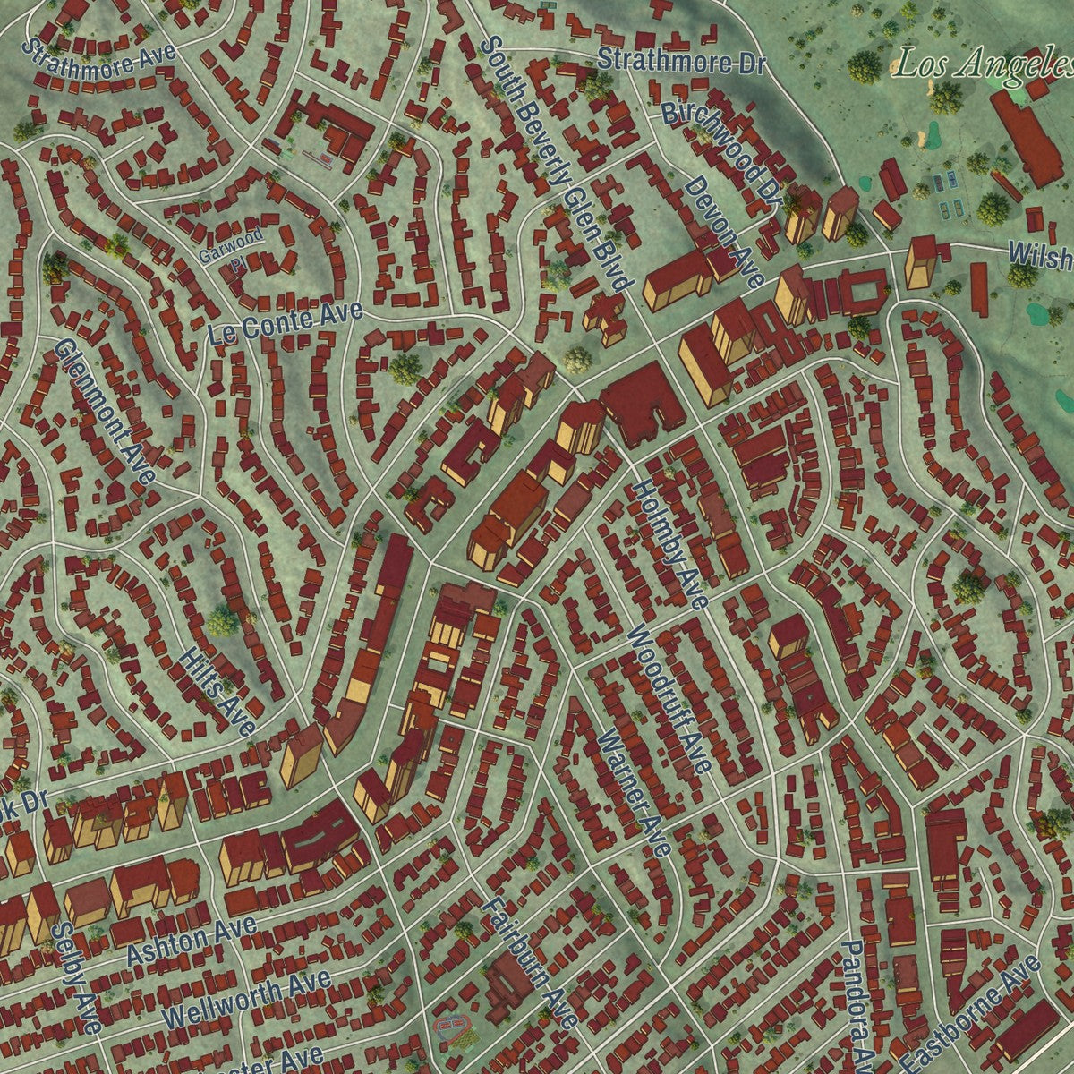 Close-up of the map of Westwood, California print showing street and building detail