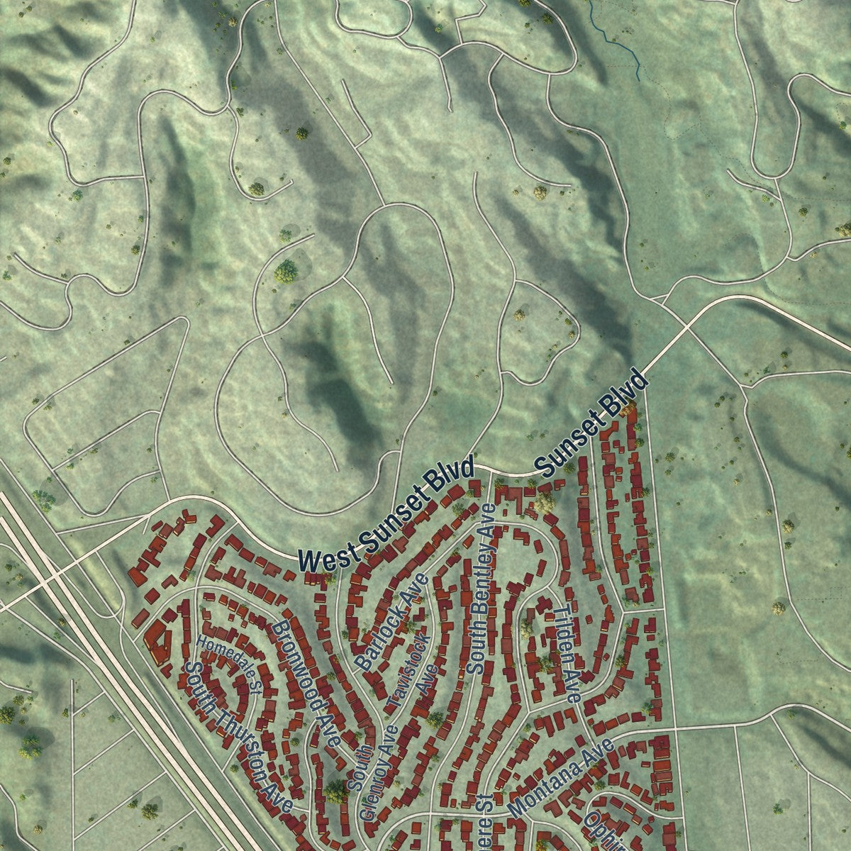 Second close-up of the map of Westwood, California print showing more streets and buildings