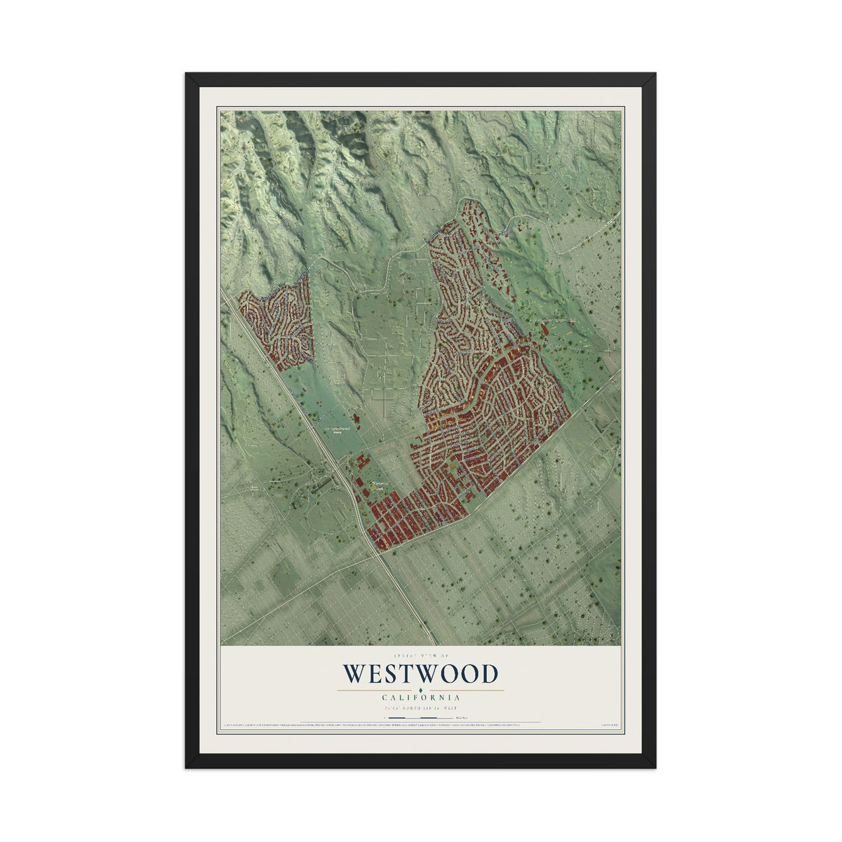Map of Westwood, California, 12 x 18 inch print in a black wood frame