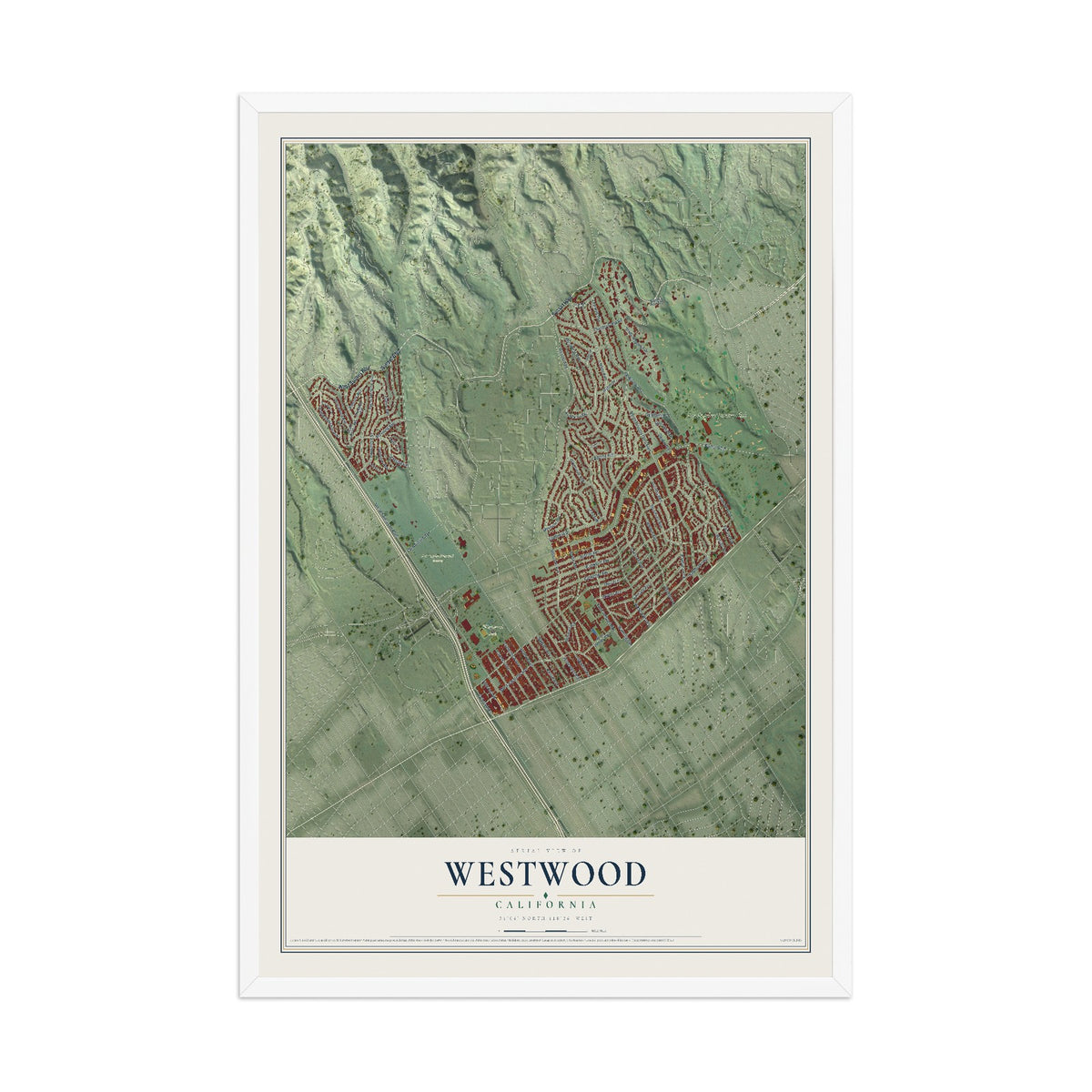Map of Westwood, California, 12 x 18 inch print in a white wood frame