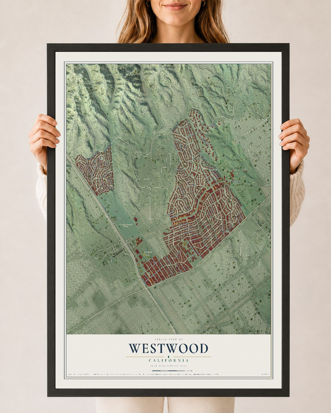 Map of Westwood, California, 24 x 36 inch print in a black wood frame