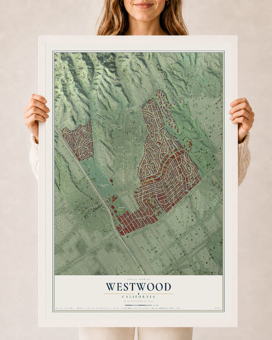 Map of Westwood, California, 24 x 36 inch print in a white wood frame
