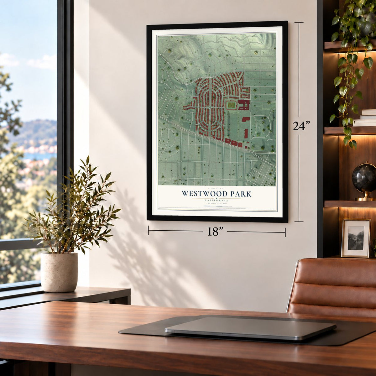 Westwood Park, California map, 18 x 24 inch print in a black frame in a home office