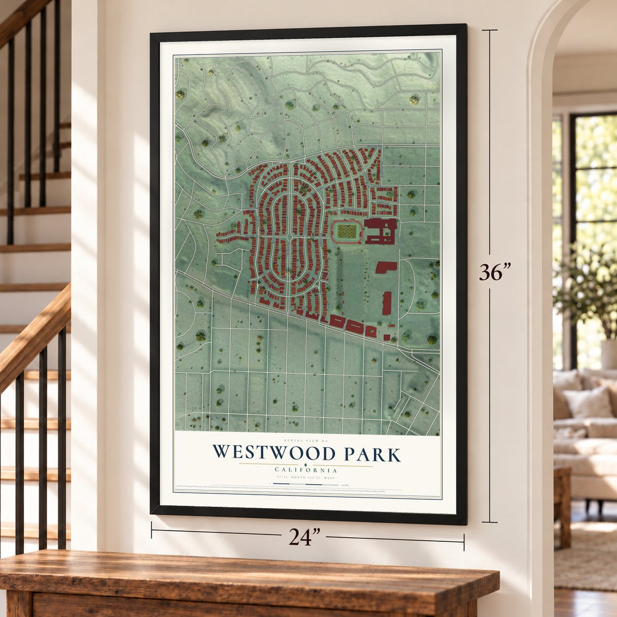Westwood Park, California map, 24 x 36 inch print in a black frame by a staircase