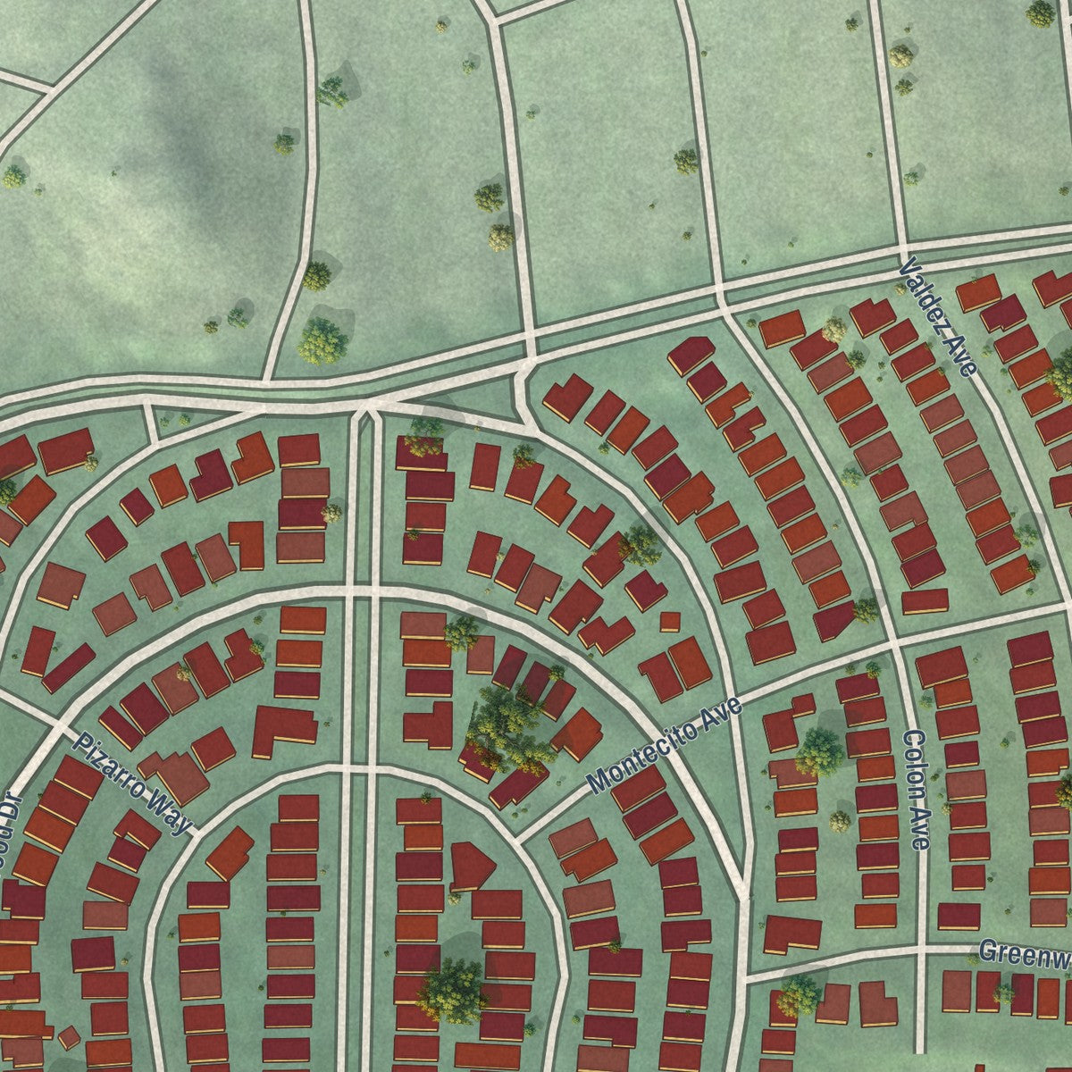 Close-up of the map of Westwood Park, California print showing street and building detail