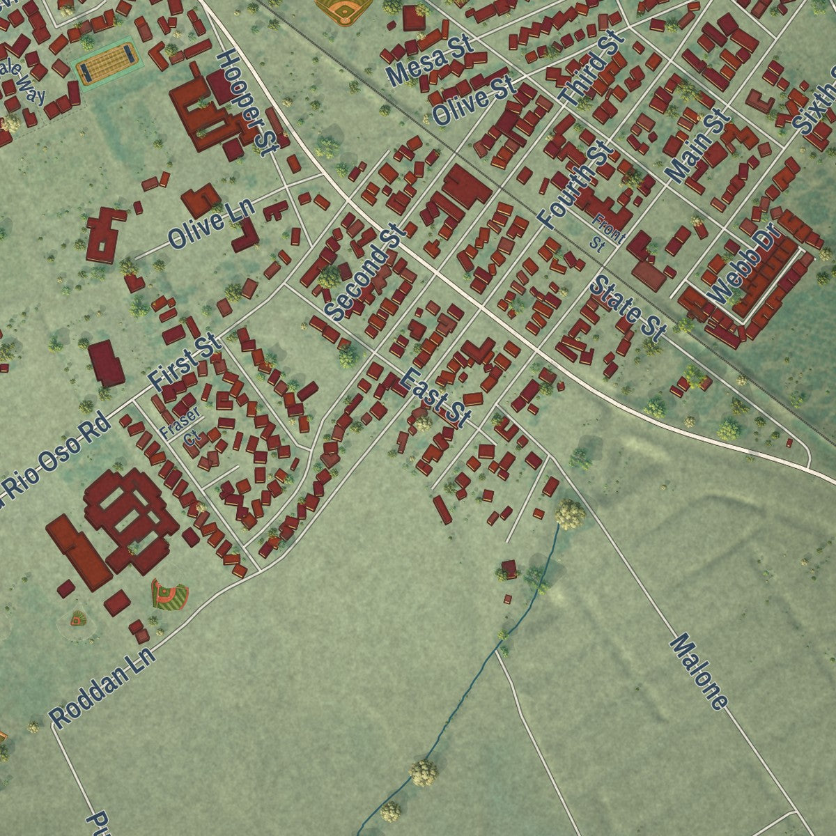 Close-up of the map of Wheatland, California print showing street and building detail