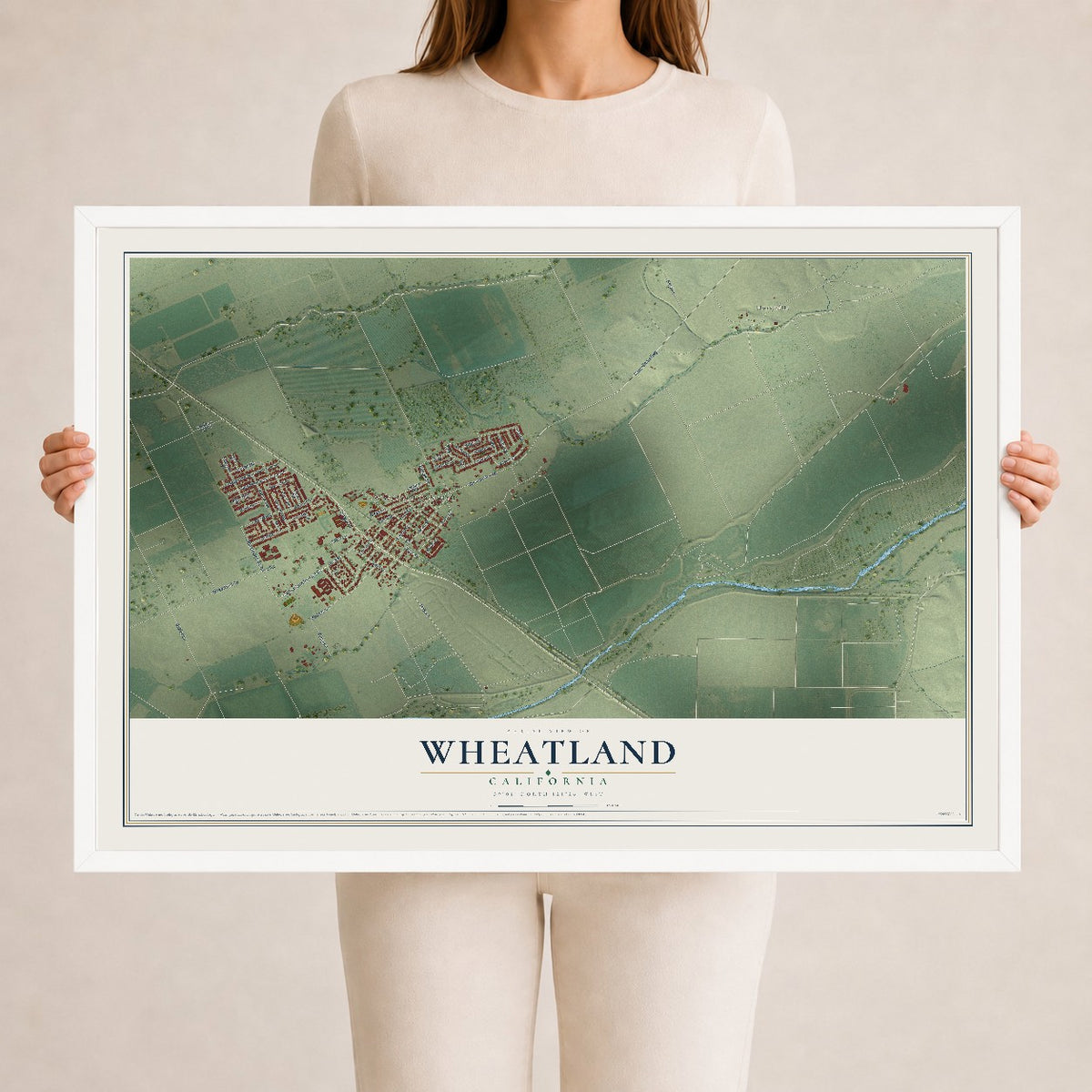 Map of Wheatland, California, 24 x 36 inch print in a white wood frame