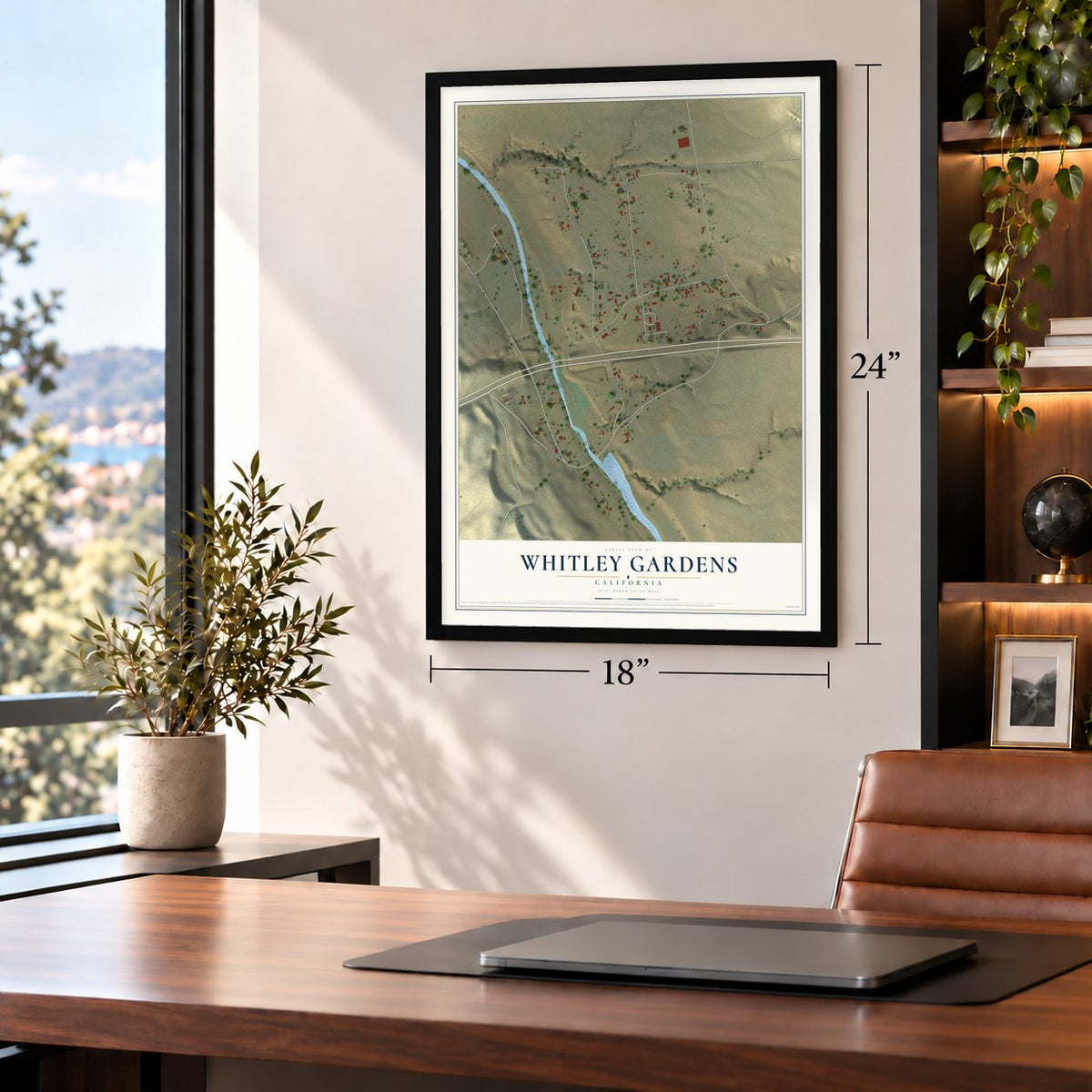 Whitley Gardens, California map, 18 x 24 inch print in a black frame in a home office