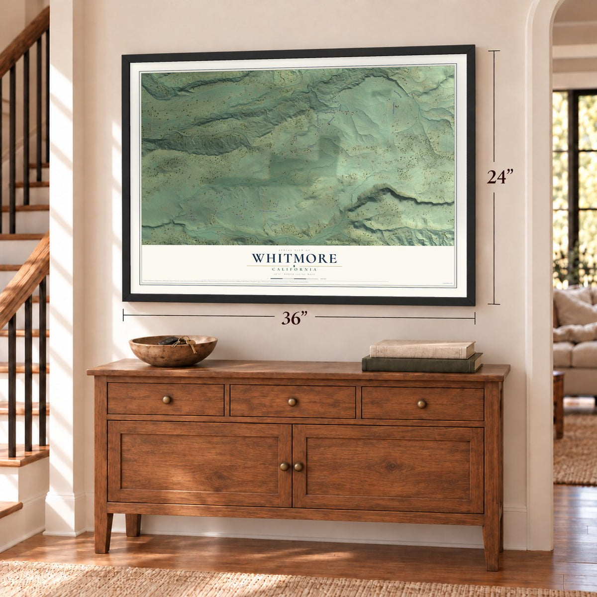 Whitmore, California map, 24 x 36 inch print in a black frame above a dresser by a staircase