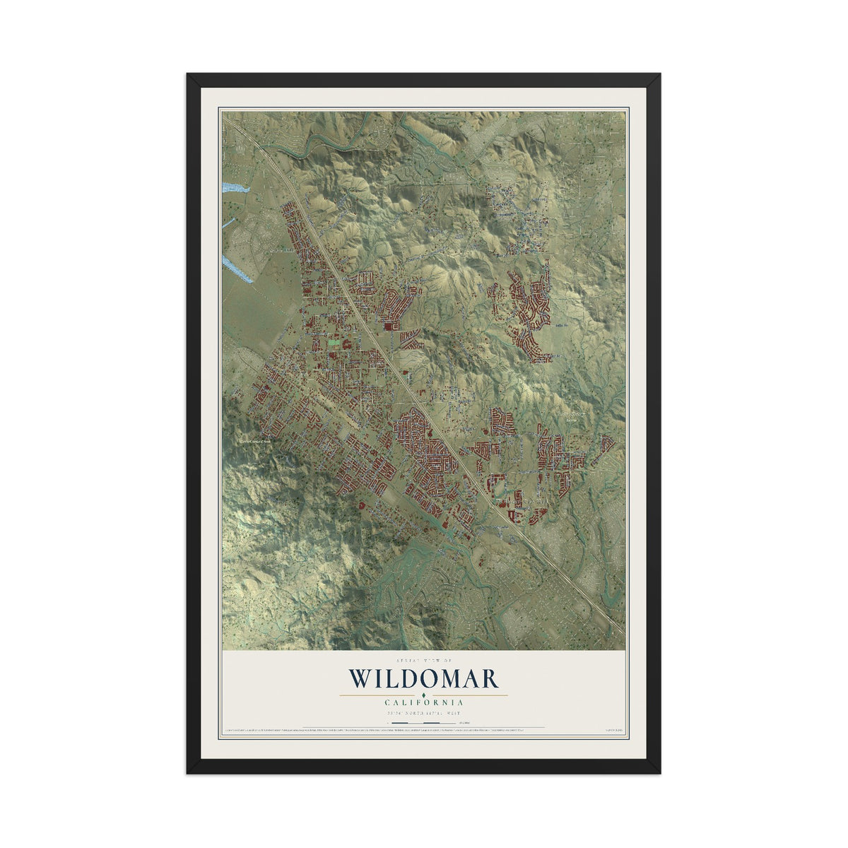 Map of Wildomar, California, 12 x 18 inch print in a black wood frame
