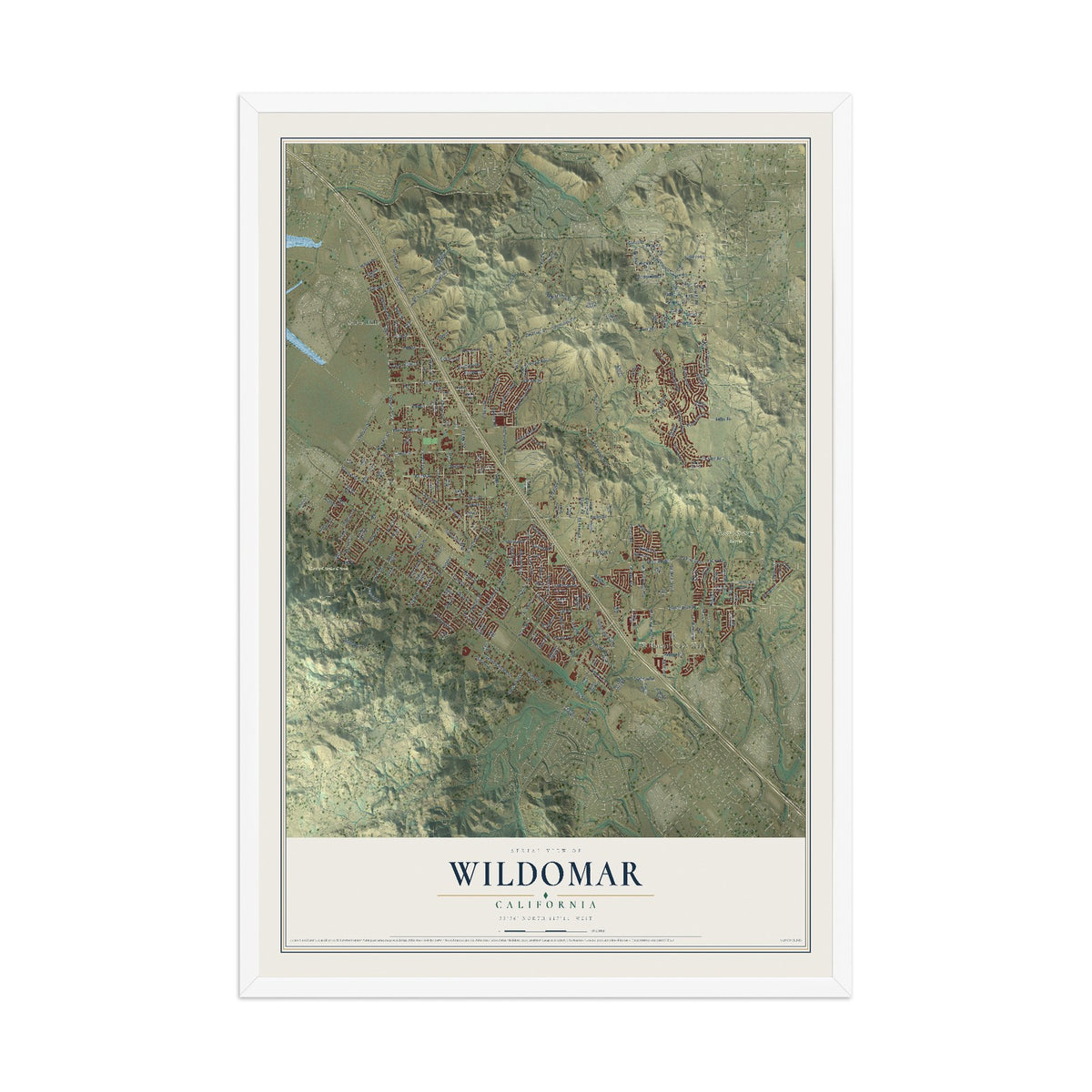 Map of Wildomar, California, 12 x 18 inch print in a white wood frame