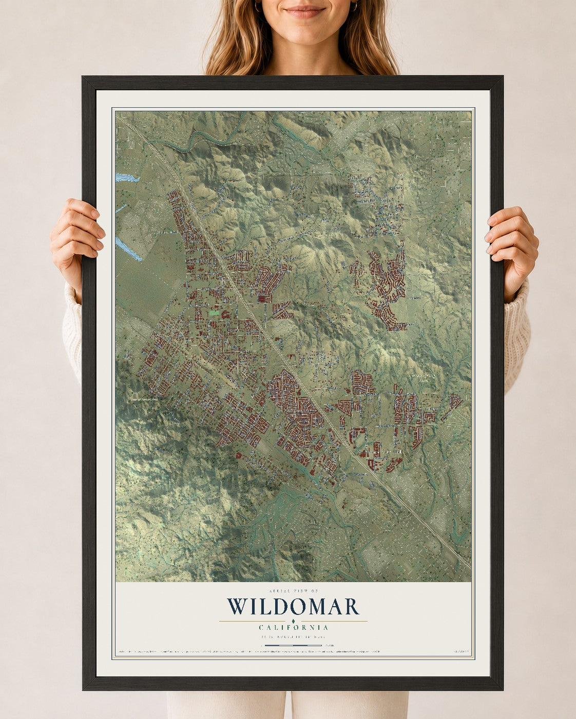 Map of Wildomar, California, 24 x 36 inch print in a black wood frame