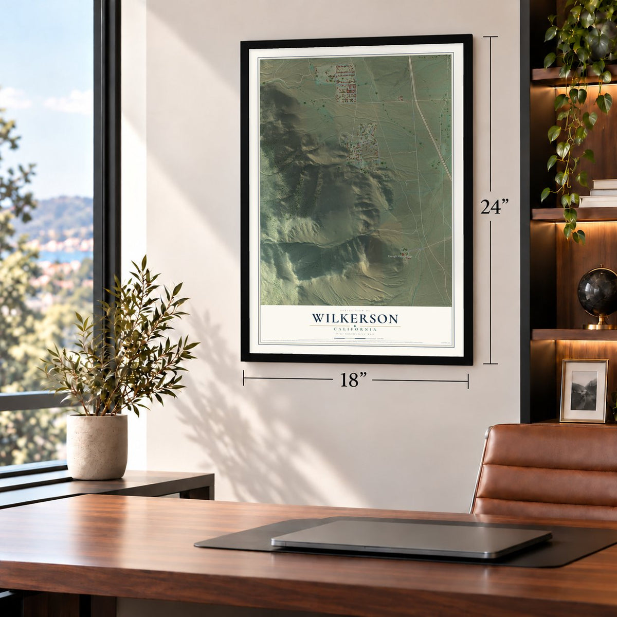 Wilkerson, California map, 18 x 24 inch print in a black frame in a home office