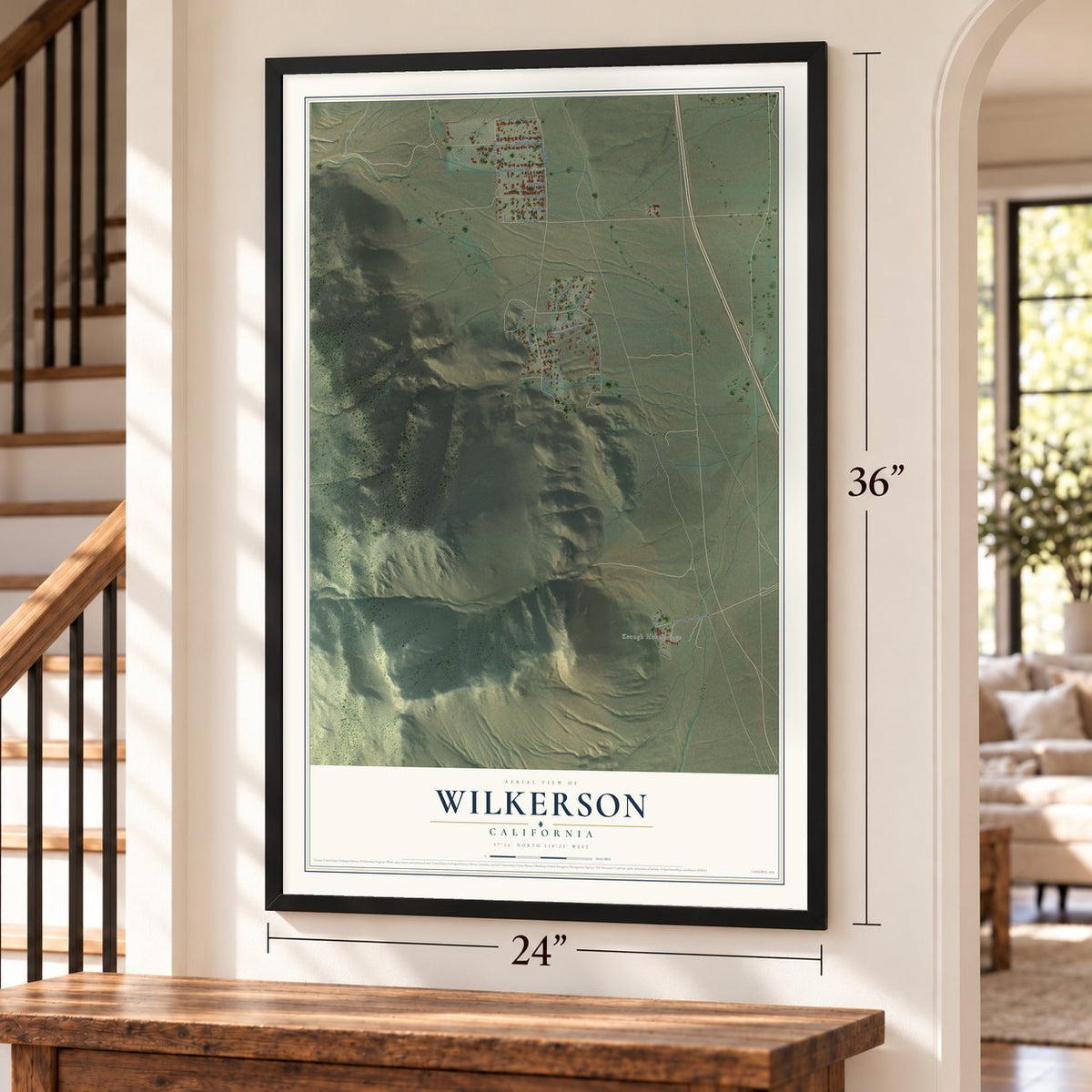 Wilkerson, California map, 24 x 36 inch print in a black frame by a staircase