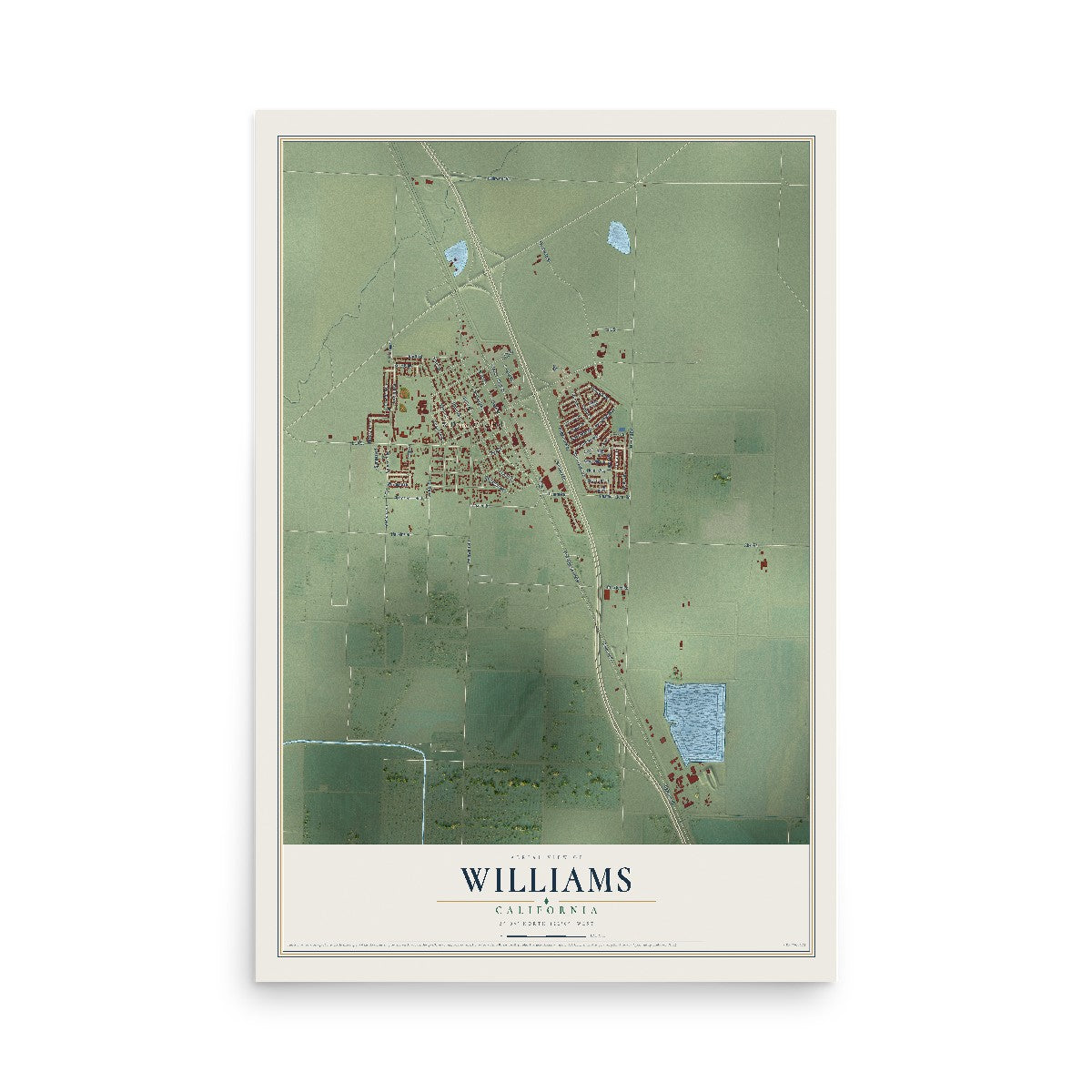 Map of Williams, California, 12 x 18 inch unframed archival matte print