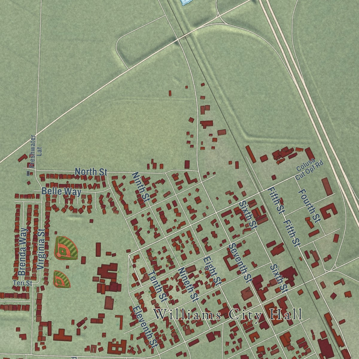Close-up of the map of Williams, California print showing street and building detail