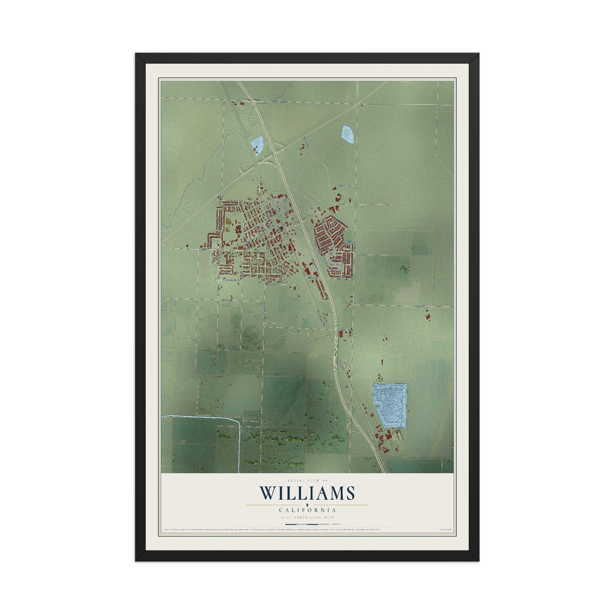 Map of Williams, California, 12 x 18 inch print in a black wood frame