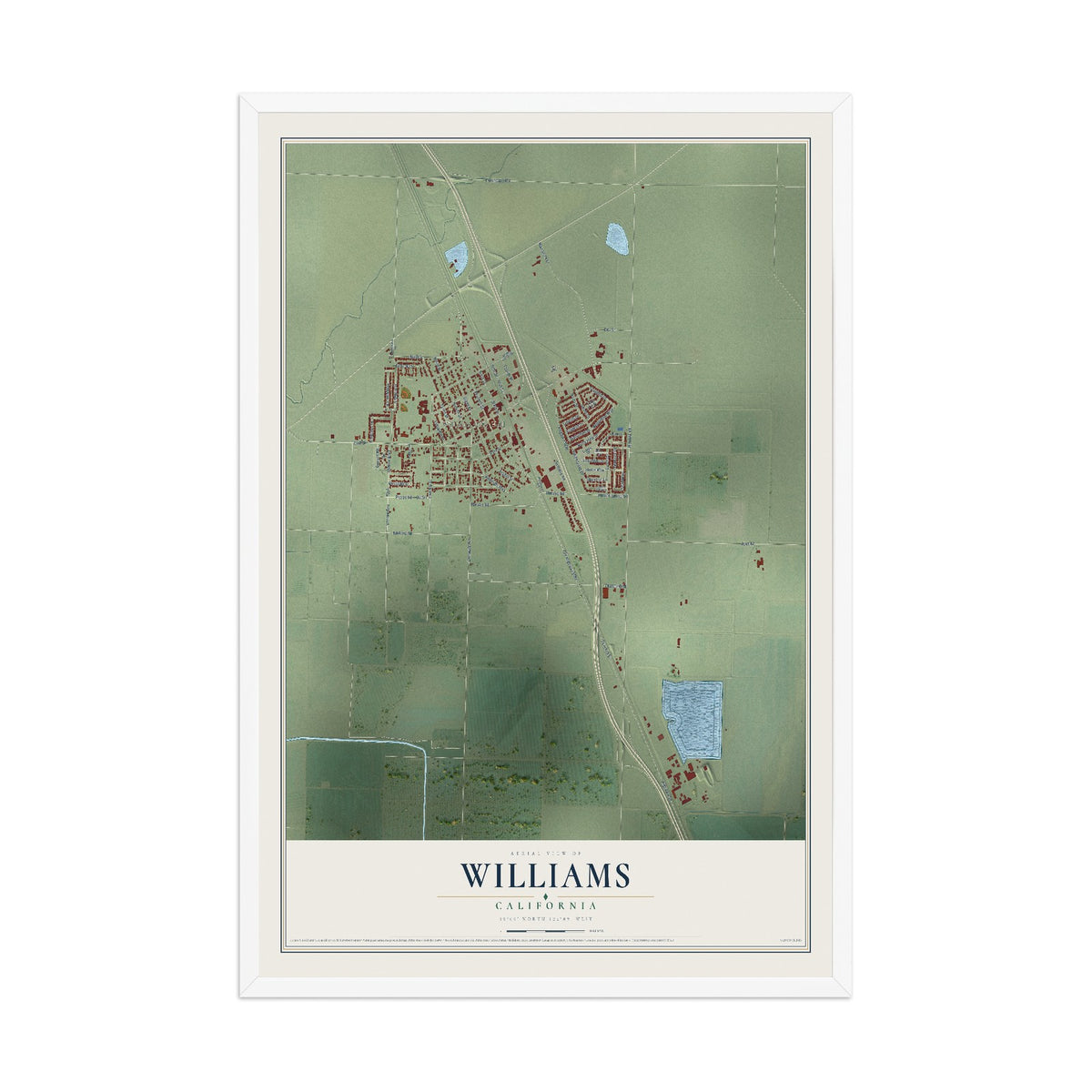 Map of Williams, California, 12 x 18 inch print in a white wood frame