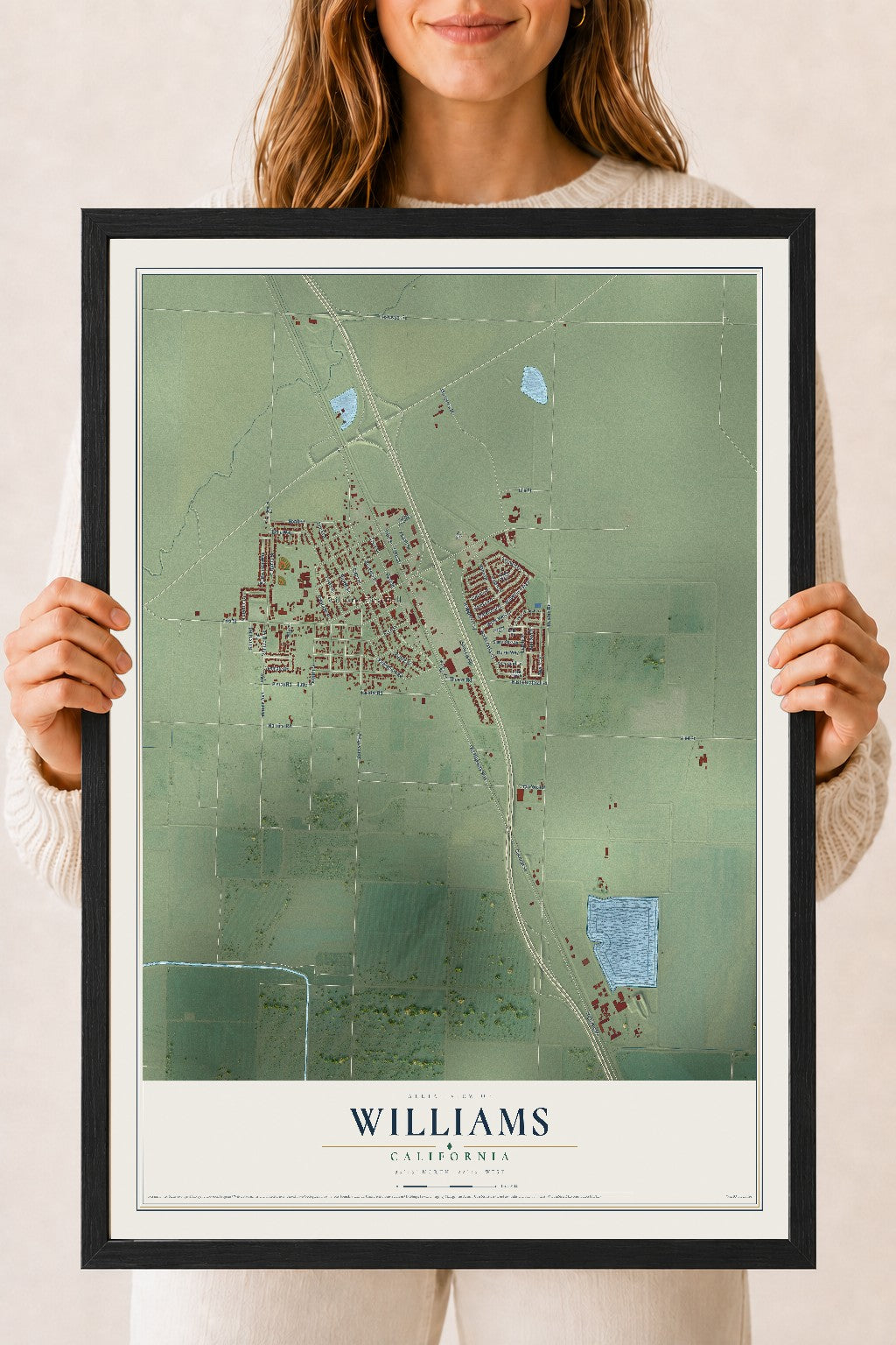 Map of Williams, California, 18 x 24 inch print in a black wood frame