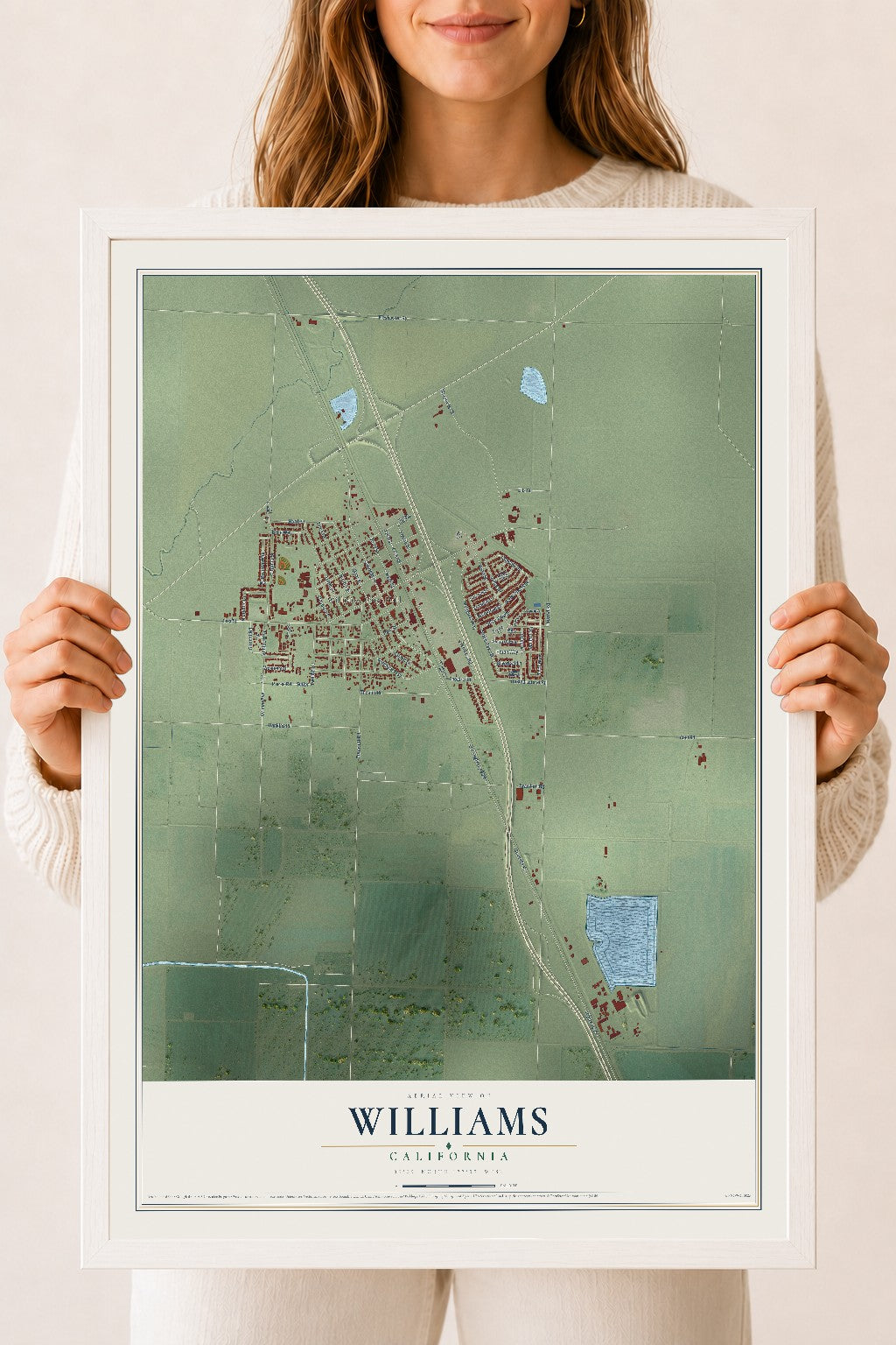 Map of Williams, California, 18 x 24 inch print in a white wood frame