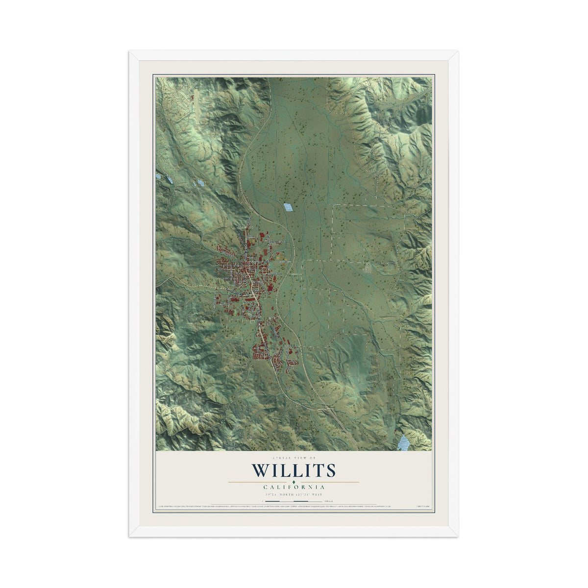 Map of Willits, California, 12 x 18 inch print in a white wood frame